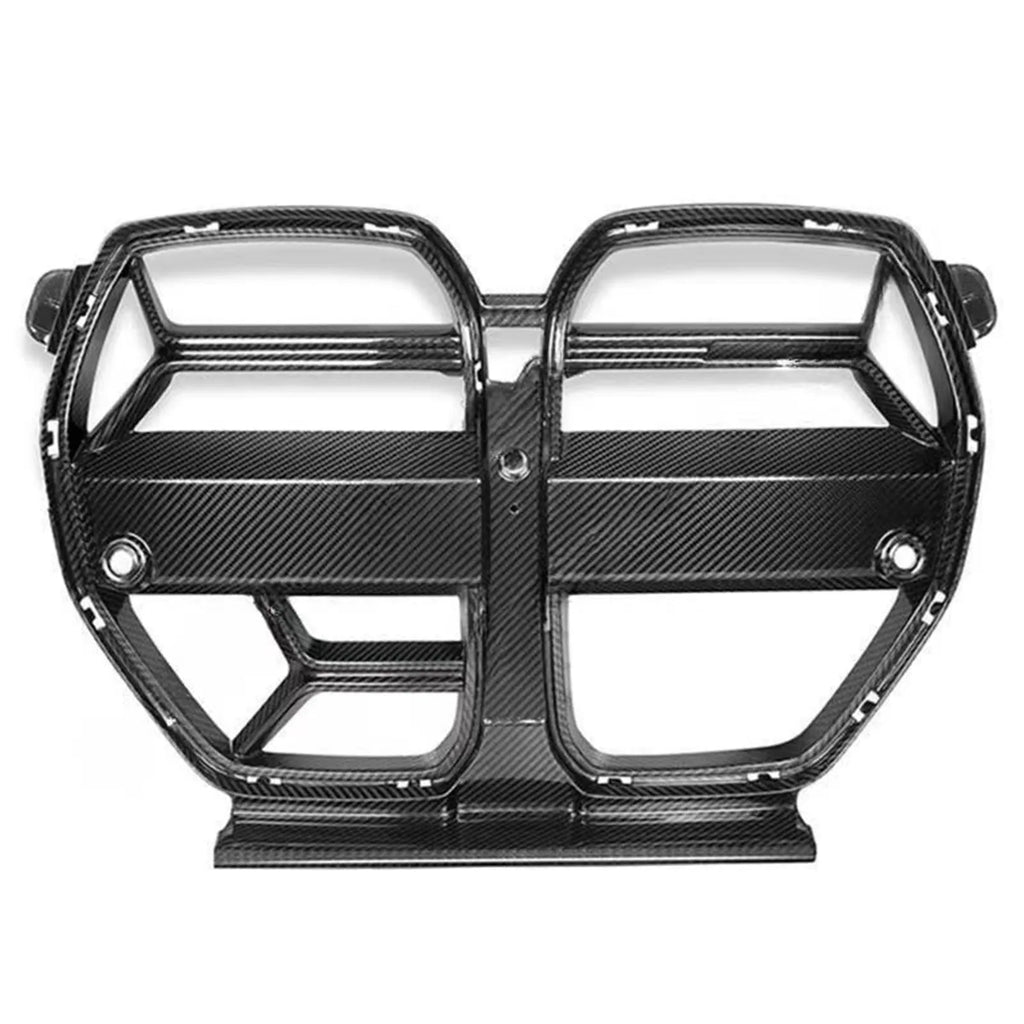 Dry carbon fibre front bumper grille for BMW M3 M4 G80 G82 models in black with 3K weave.