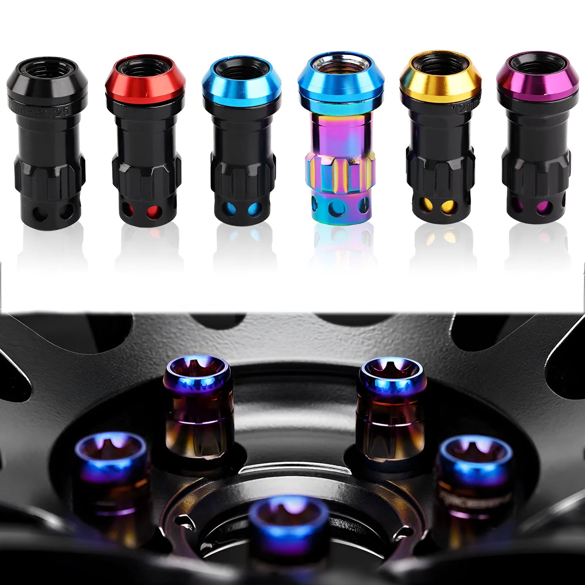 Set of flat head aluminium alloy wheel nuts in red, gold, blue, purple, and black colour variants.