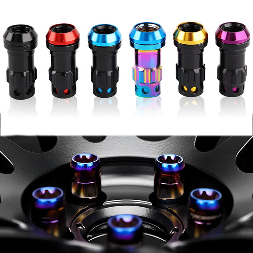 Set of flat head aluminium alloy wheel nuts in red, gold, blue, purple, and black colour variants.