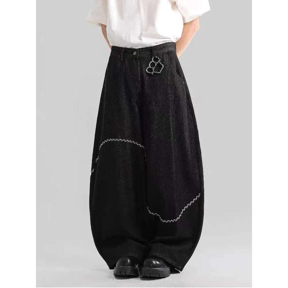 Black straight leg men's trousers with micro-elastic polyester denim fabric and zip fly