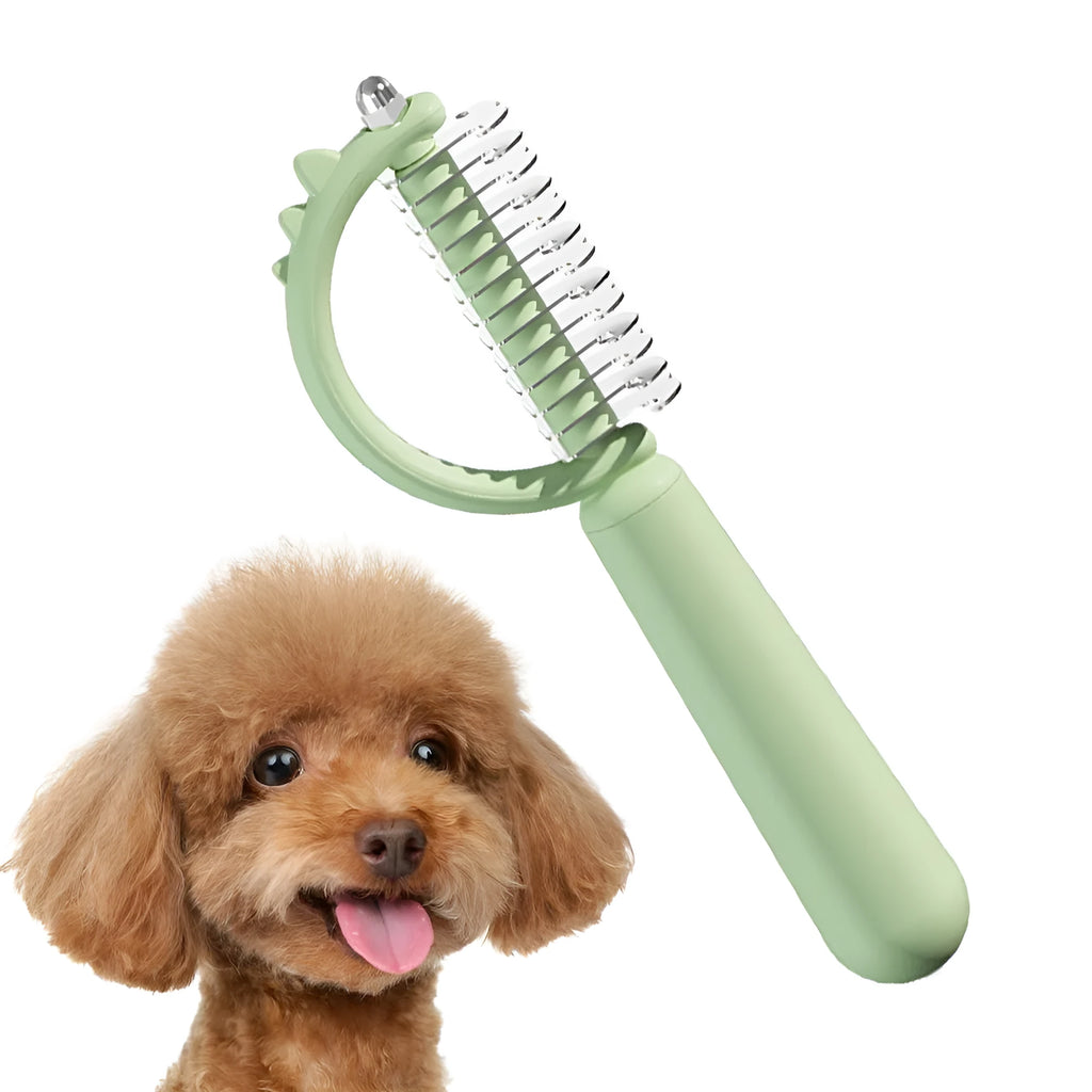 Blue dinosaur-shaped self-cleaning cat brush with double-sided slicker head.