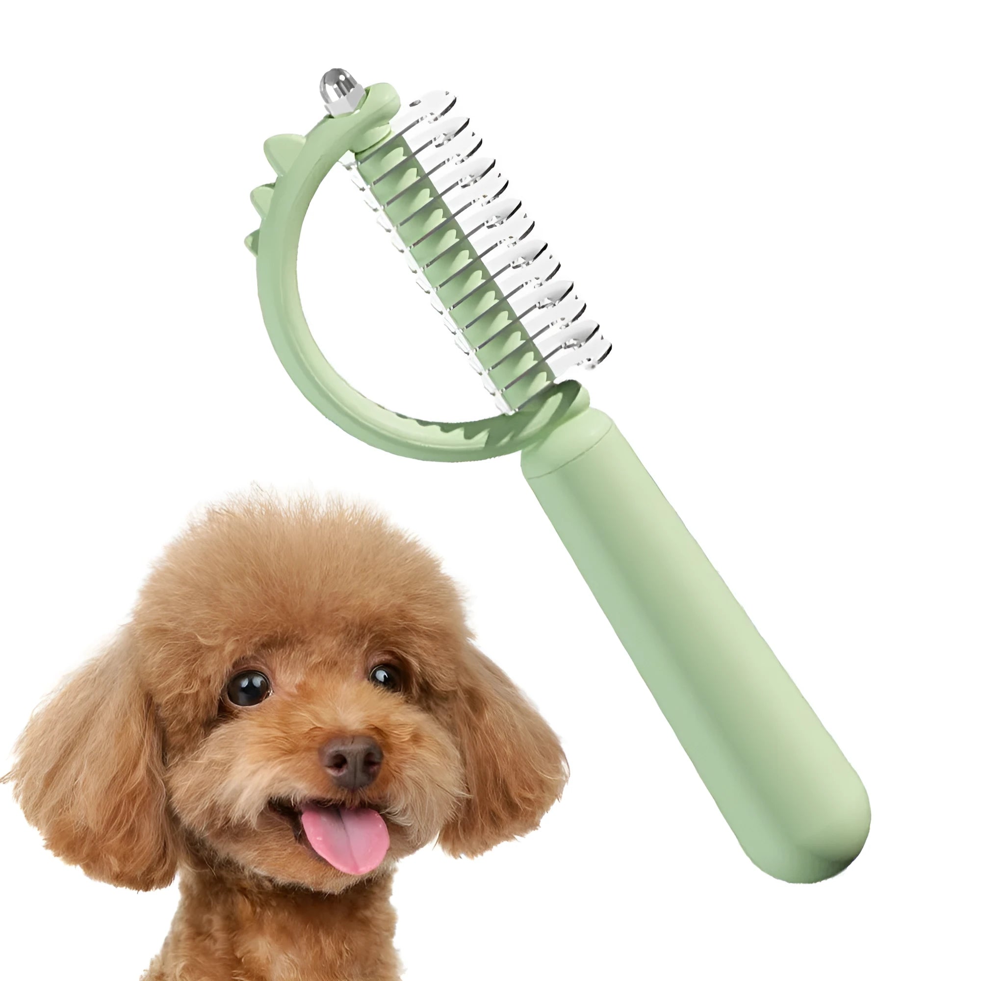 Blue dinosaur-shaped self-cleaning cat brush with double-sided slicker head.