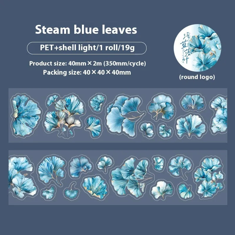 Deciduous Poetry Series PET decorative sticker roll showing six autumn leaf colour designs on 40mm wide material