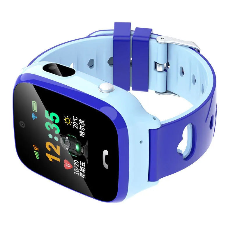 Blue children's smart phone watch with a silicone strap and a square HD touch screen display.