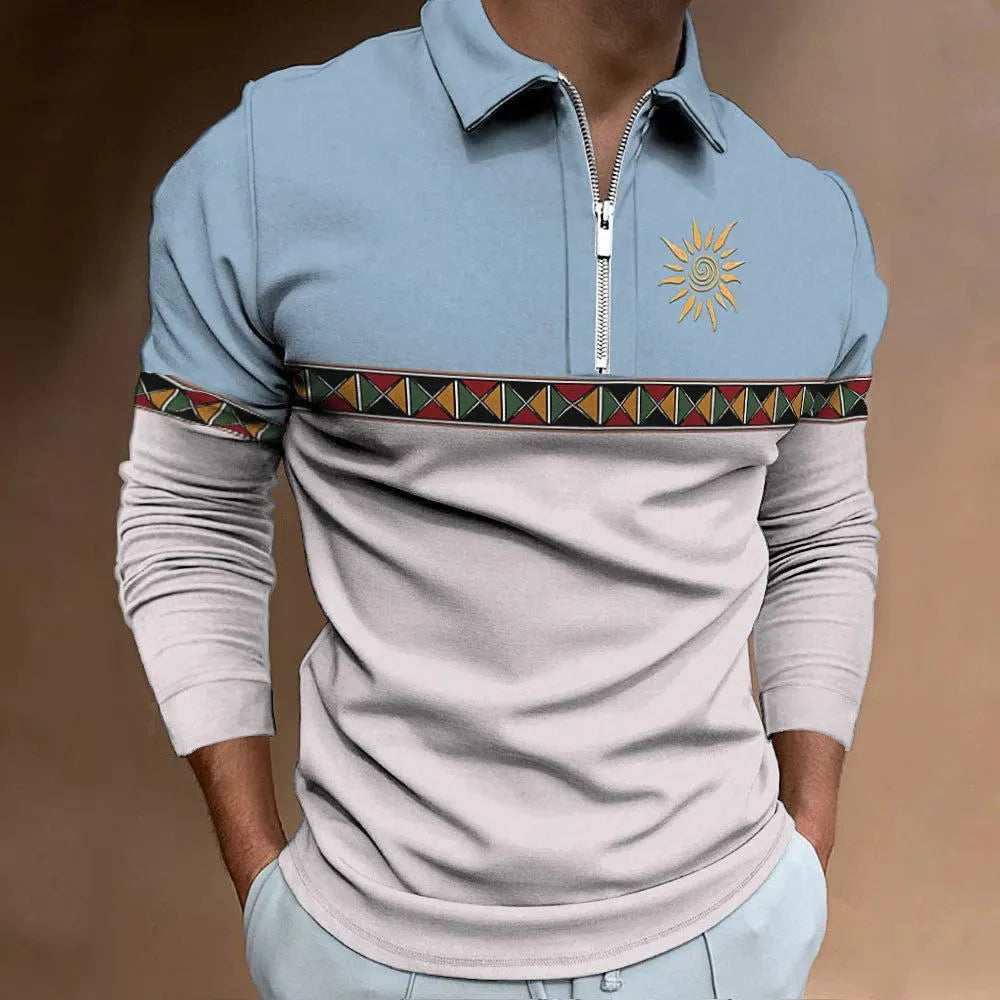 Men's loose fit long sleeve t-shirt with retro stripe printing and zipper detail.