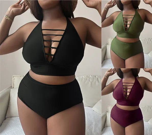 Plus size black halter bikini with adjustable straps and high waist briefs