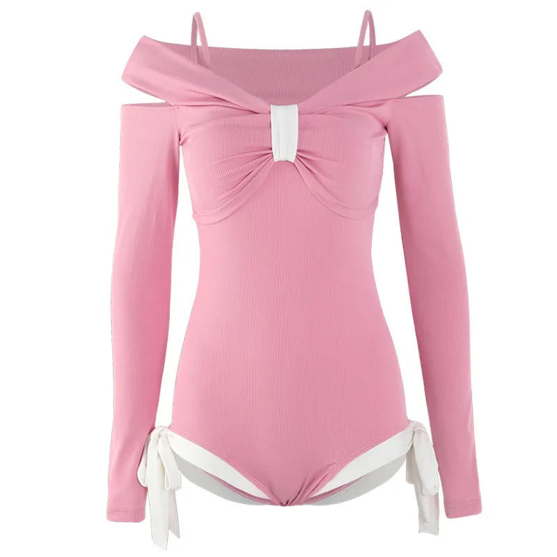 Women's long sleeve one-piece swimsuit in pink or black colours