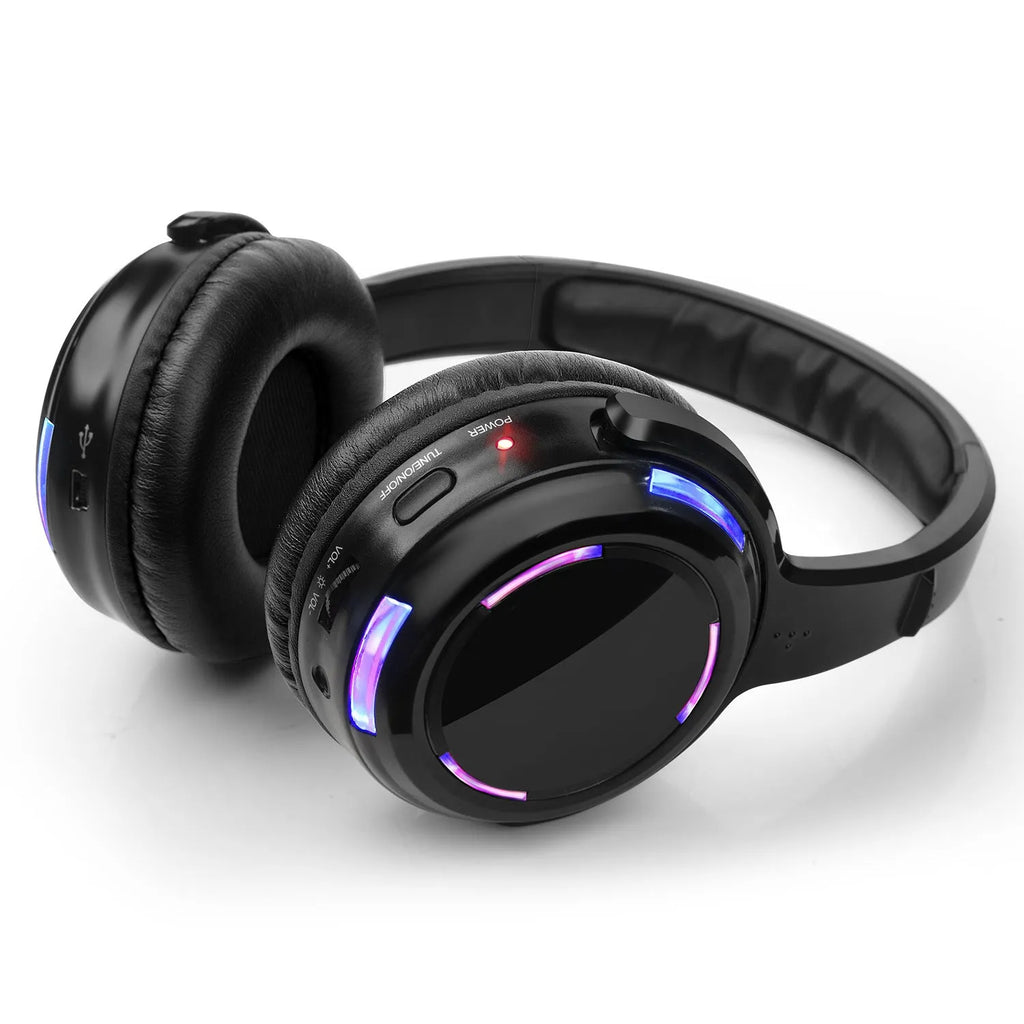 Black silent disco wireless headphones with 40mm drivers and 3.5mm plug for party use