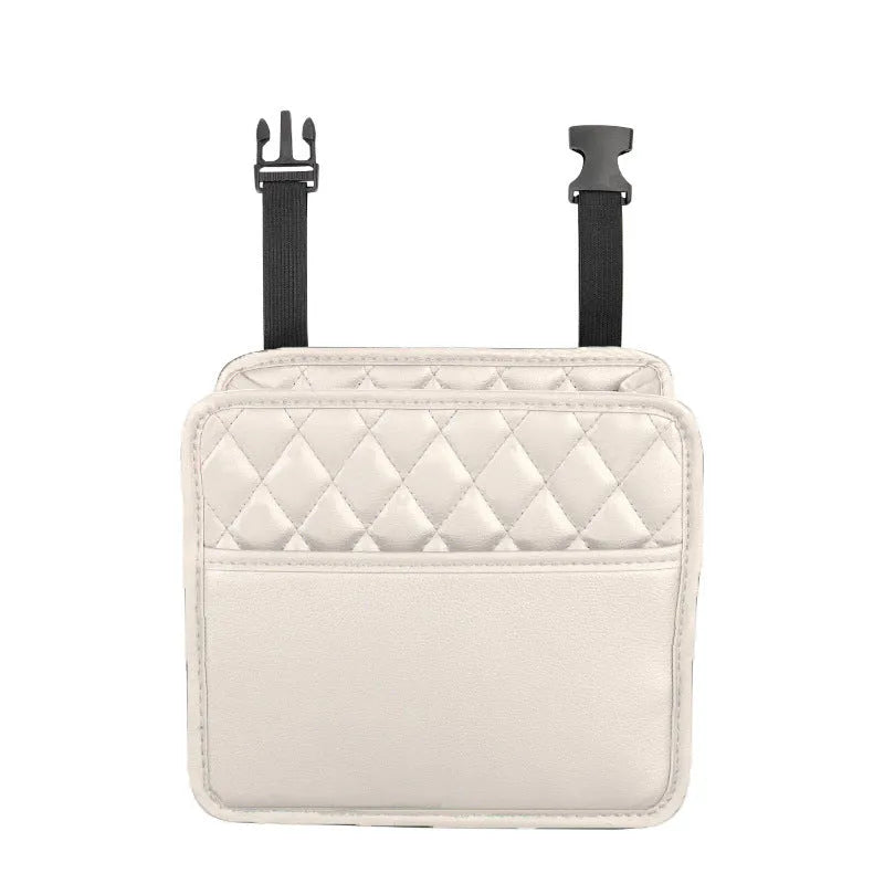 Black leather hanging storage bag for car interior, shown with dimensions 25cm by 25cm.