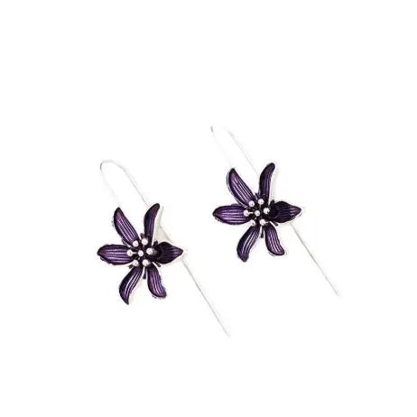 A pair of retro-style purple flower earrings made from lightweight alloy with an electroplated finish.
