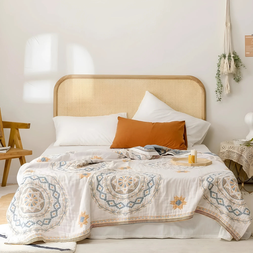 Cotton towel blanket with a geometric pattern in modern style, laid flat.