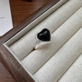 S925 sterling silver heart agate ring with adjustable open-mouth design in black colour