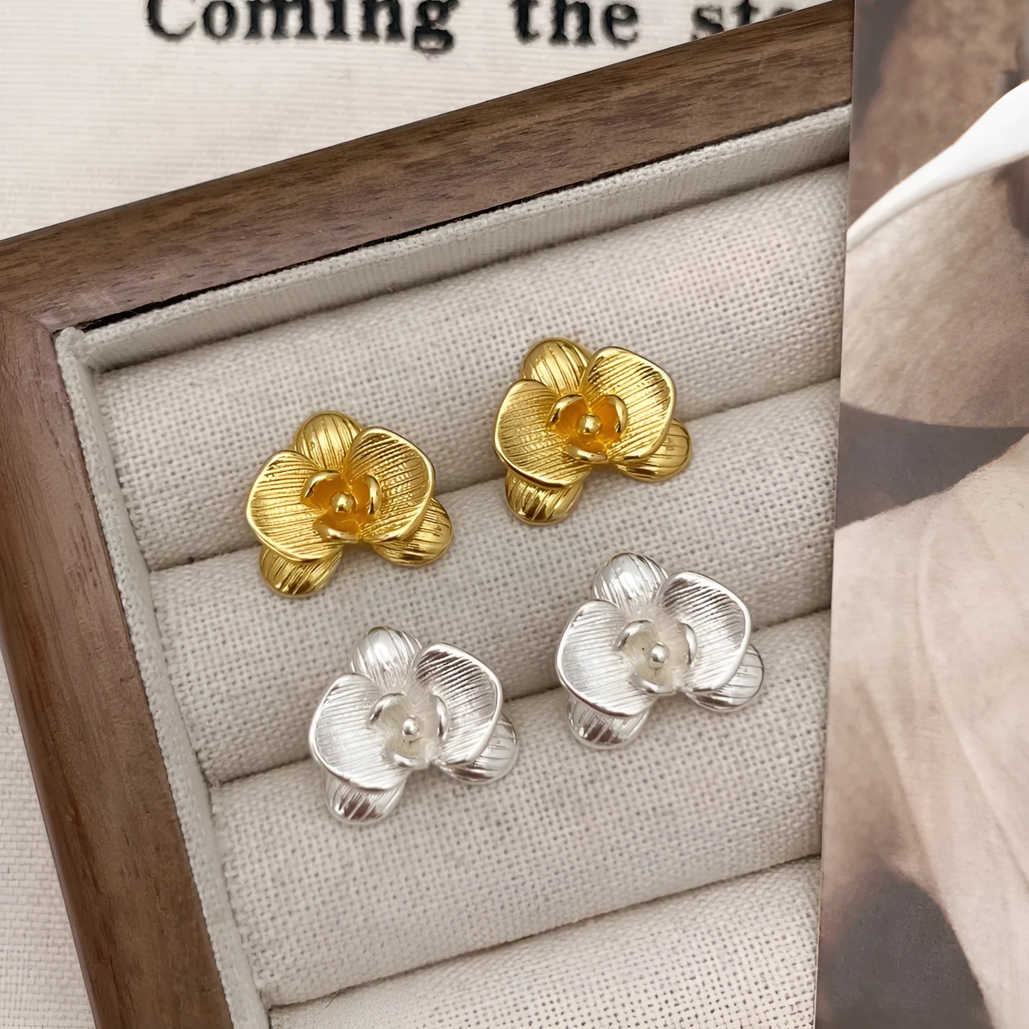 Retro flower fashion earrings for women with petal design in gold or silver electroplated finish