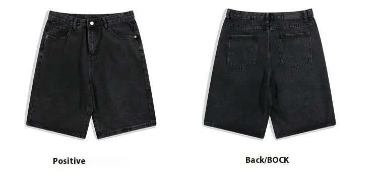 Men's light blue denim shorts with straight legs and a zipper fly on a mid-rise waist.