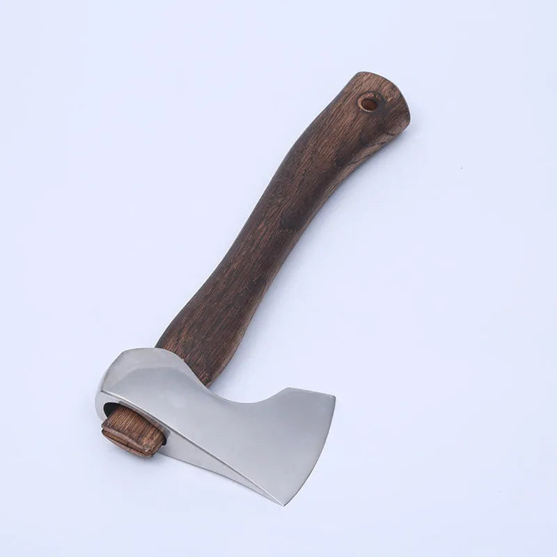 Camping axe with wooden handle and high-carbon steel blade on a neutral background