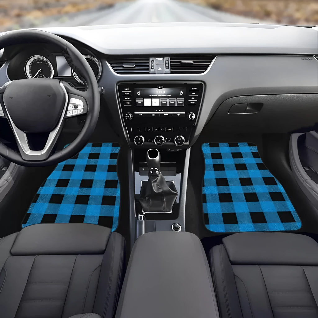 Black printed rubber car floor mats in a four-piece set, showing textured surface and 20mm thickness.