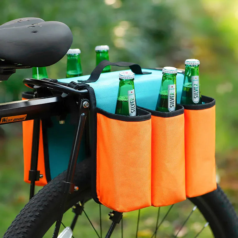 Black bicycle drink bottle cage storage bag mounted on bike frame showing 600D PVC construction and 2-litre capacity