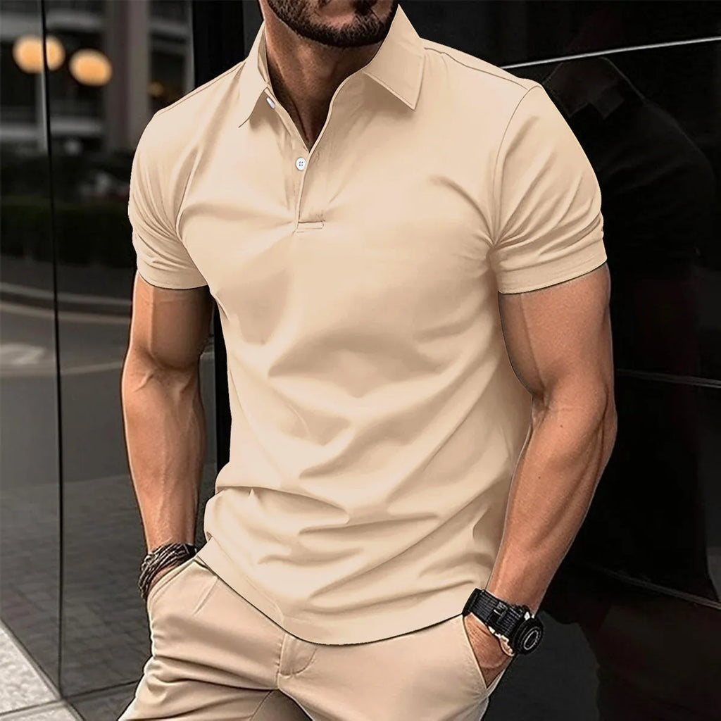 Men's solid colour short sleeve polo shirt with button lapel in a regular fit.