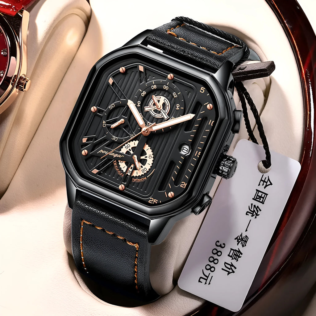 Men's 8mm quartz sports watch with belt-style strap in gold or silver case options