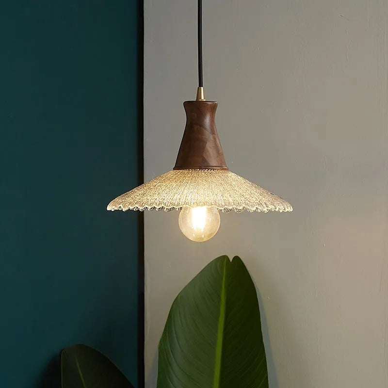 Wooden ceiling chandelier with glass shade and brass electroplating for restaurant lighting