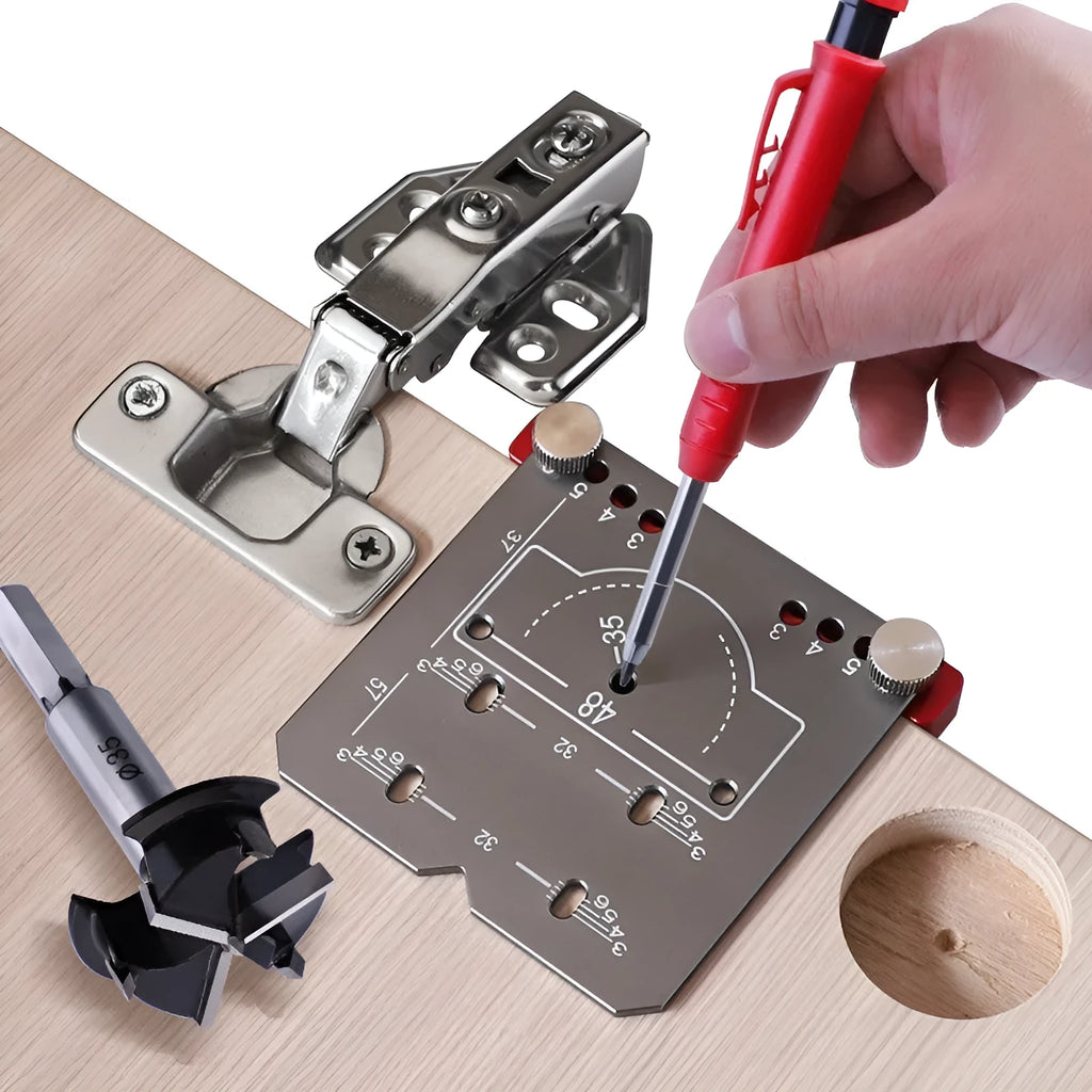 35mm hinge punch locator rule with adjustable margin settings and integrated hard alloy tapper blade.