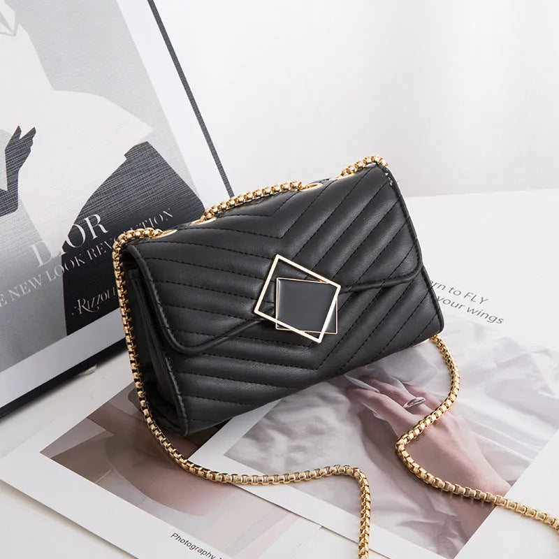 Women's PU crossbody bag with sequin and diamond plaid detailing, square buckle black, 21 x 8.5 x 18 cm
