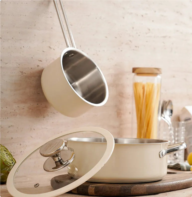 Beige 304 stainless steel double bottom soup pot set with composite glass lids