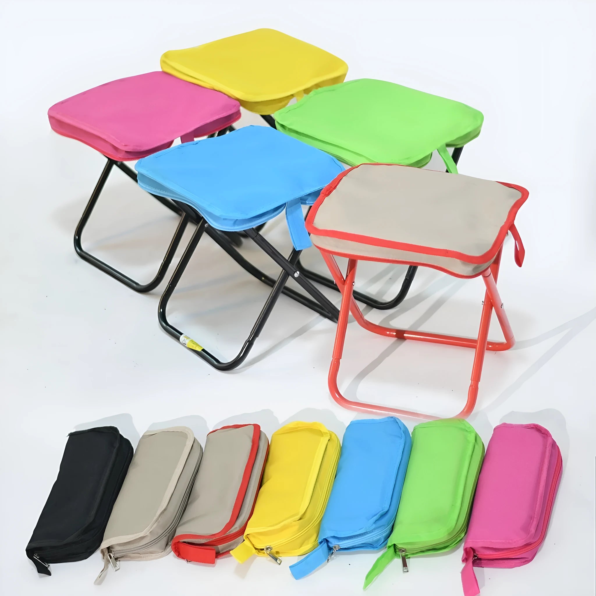 Lightweight foldable outdoor camp chair stool in Oxford cloth, shown in a khaki colour, folded compactly.