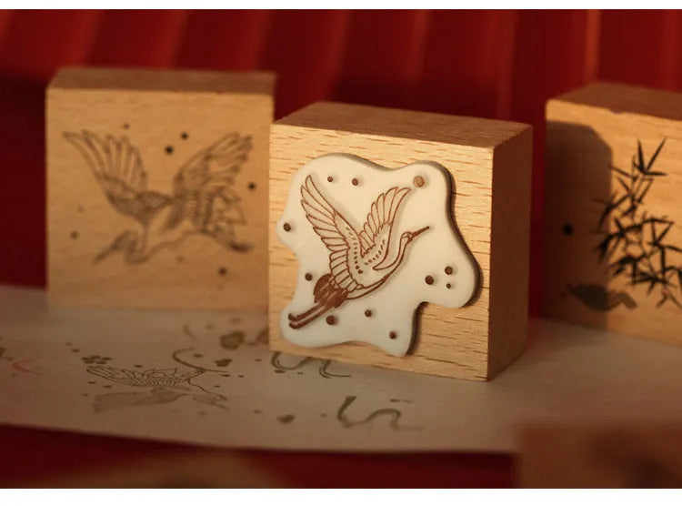 Wooden DIY stamp set with traditional crane designs for stationery decoration