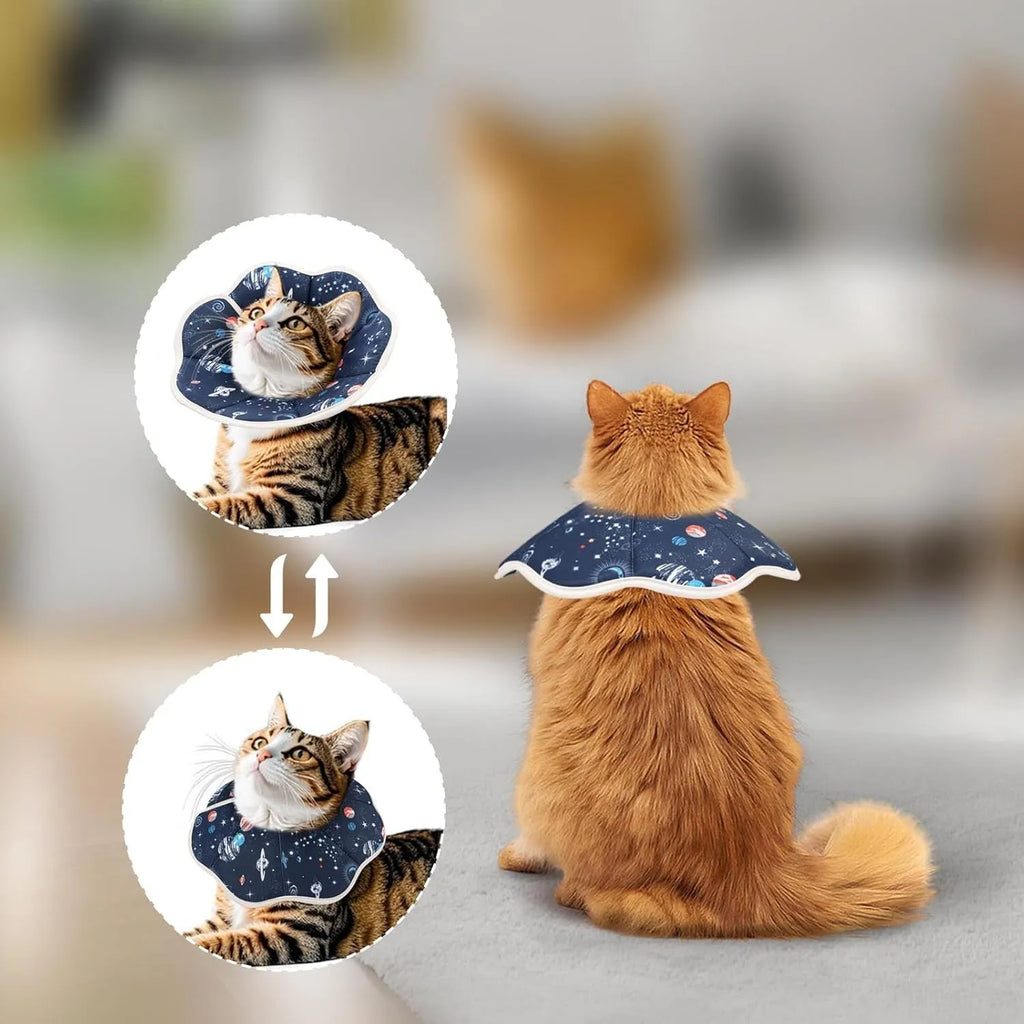Soft fabric cat recovery collar with adjustable fastener in constellation print