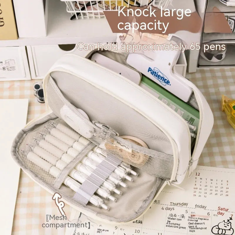 Green canvas pencil case with large capacity for 80 pens, Korean style stationery bag.