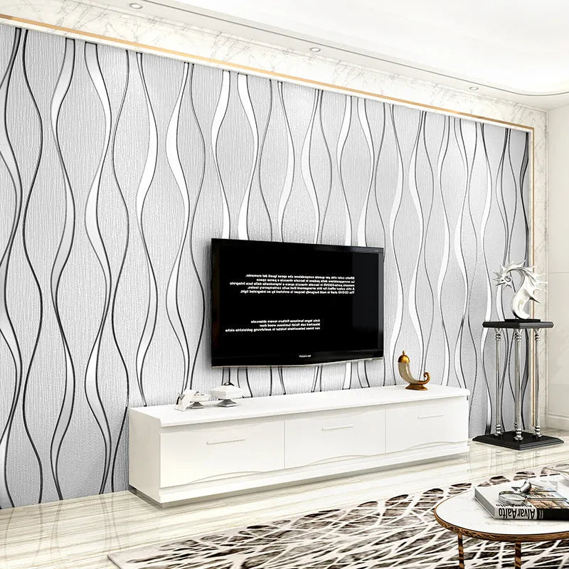 Curve stripe 3D wallpaper roll with deerskin velvet texture in dark brown and light grey colours