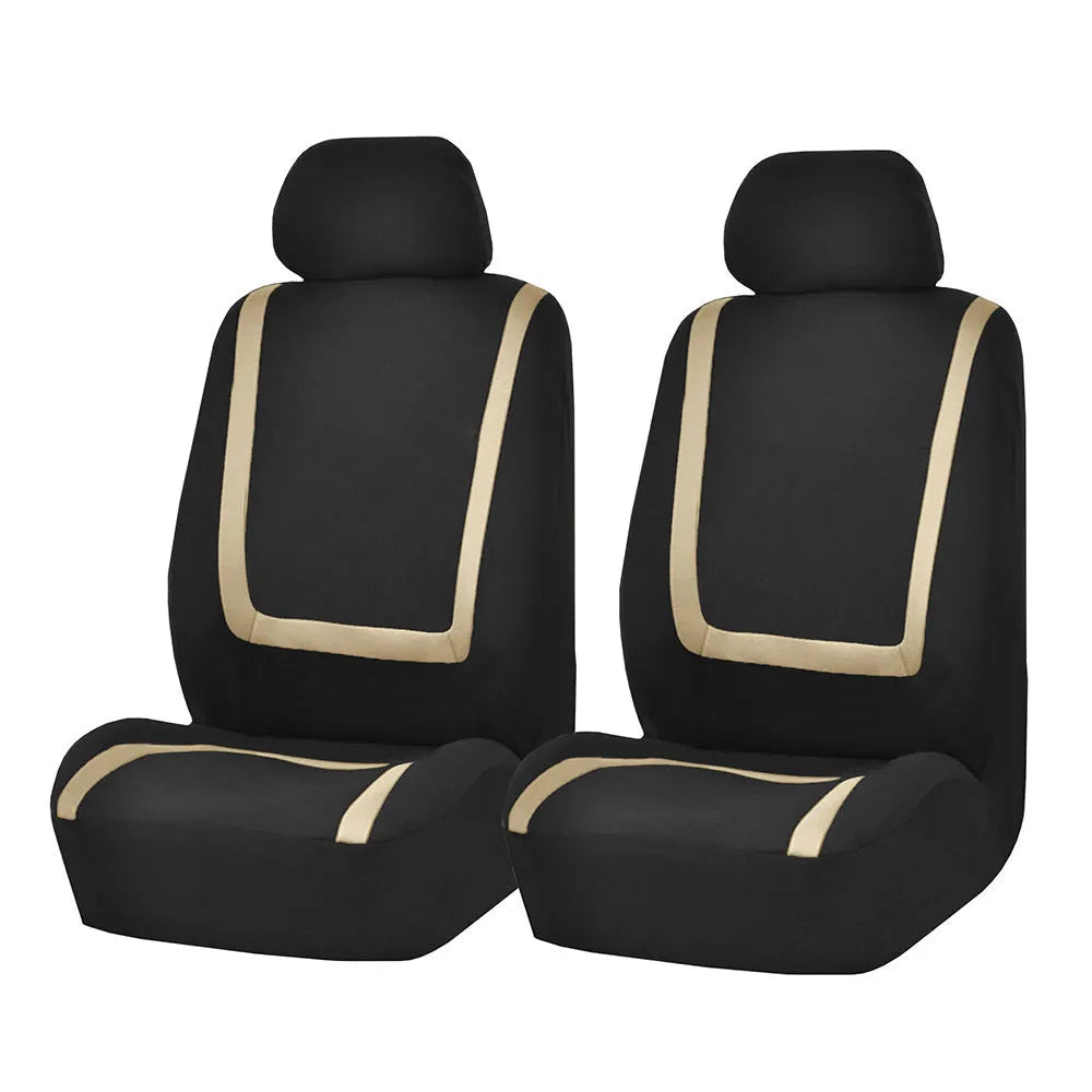 Universal four seasons car seat cover set in beige and black fabric installed on car seats.