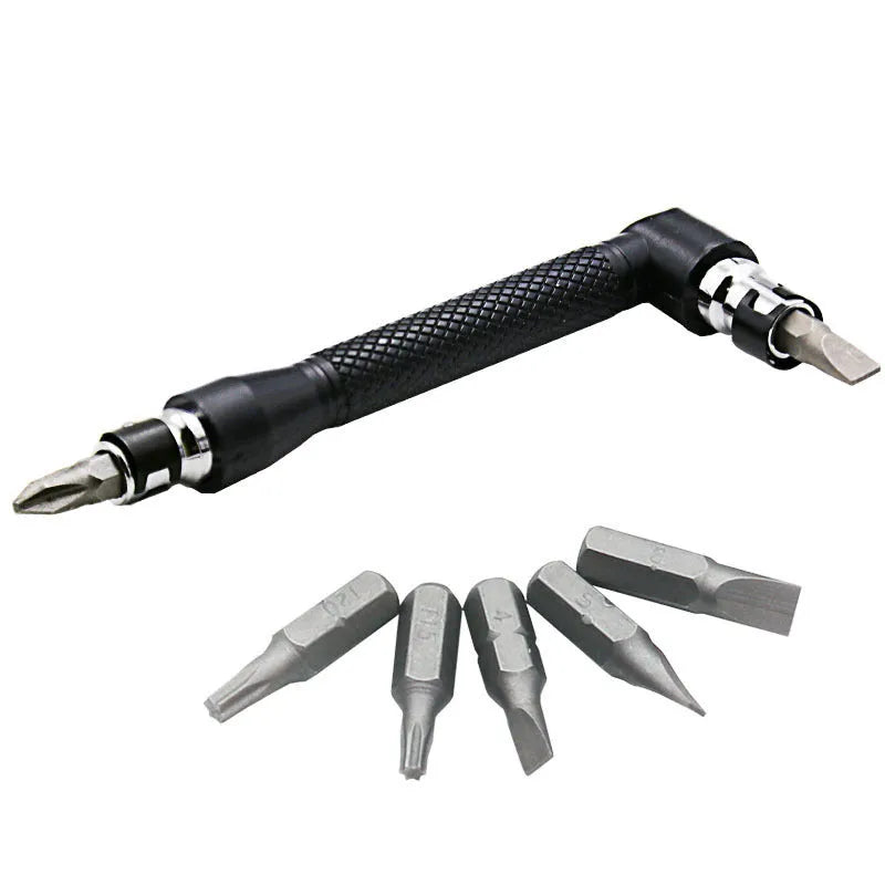 L-type double-headed socket wrench with 10 steel screwdriver bits on workbench