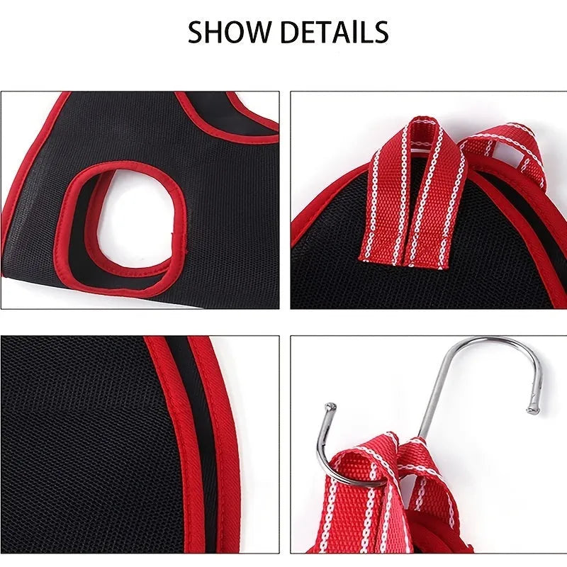 A grey polyester mesh pet grooming hammock restraint bag hanging from hooks, with sizes S, M, L, XS shown.