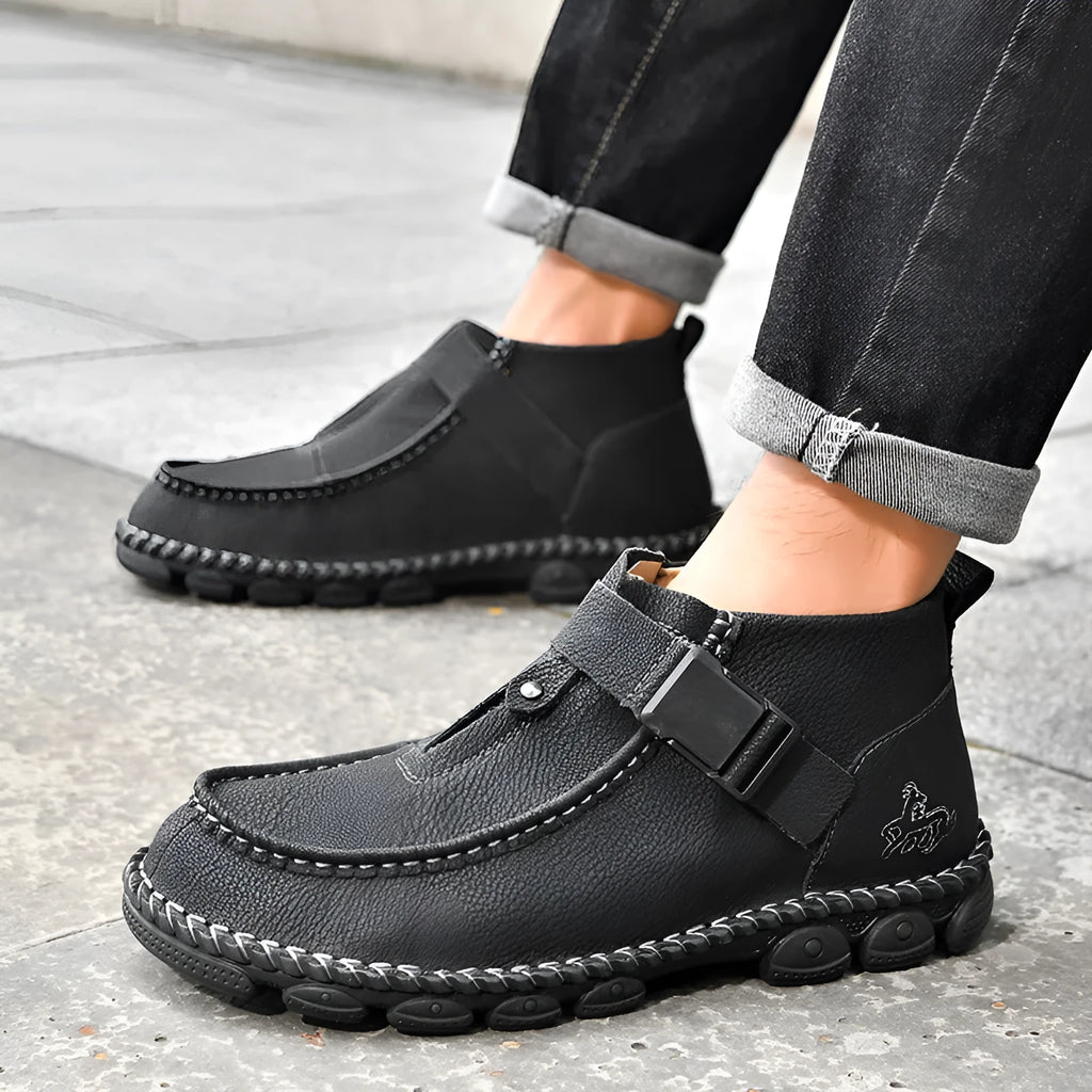 Handmade brown PU leather slip-on casual shoes with flat heel on a white background.