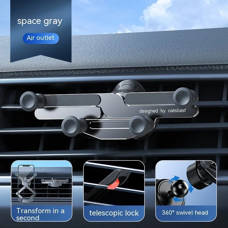 Aluminium alloy magnetic car phone holder in black, showing clip-on air vent mount and adhesive dashboard version.