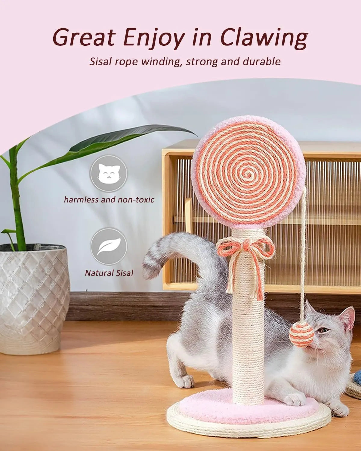 Blue cat scratching post with sisal rope centre and a hanging ball on a sturdy wooden base.