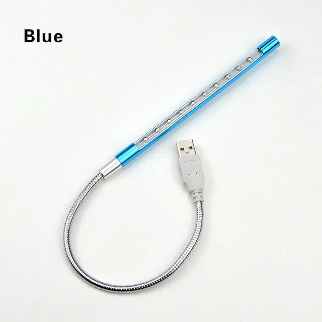 Spiral-shaped aluminium USB desk lamp in metallic colour, showing its 420mm height and push-button switch.