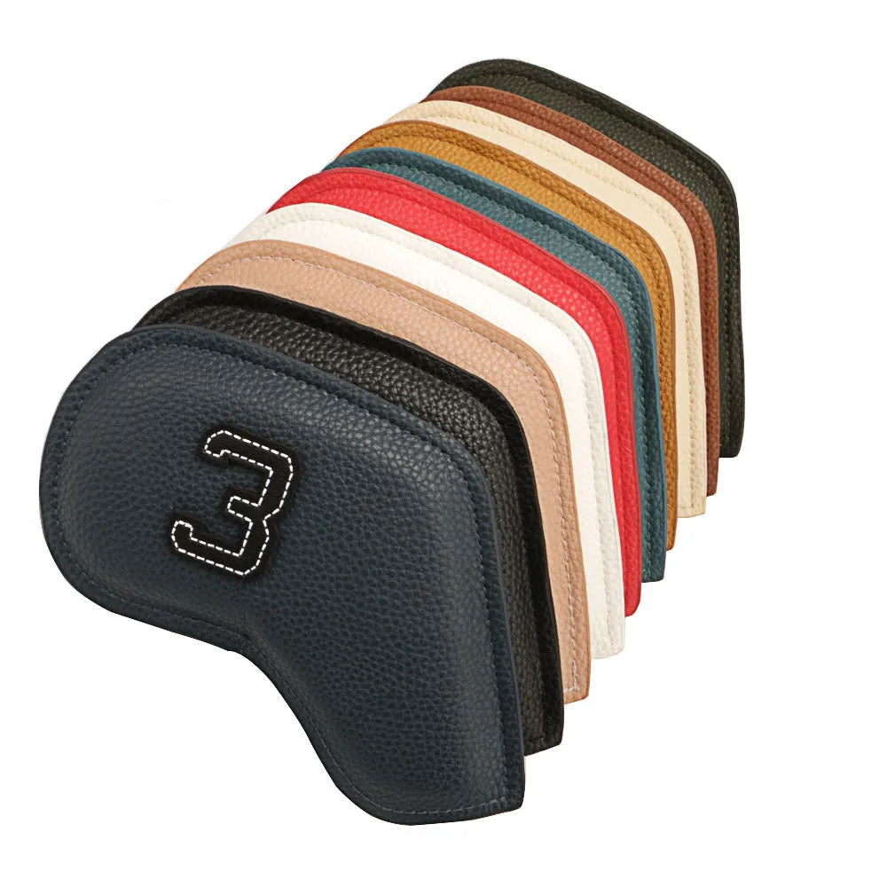 Set of 10 digitally printed PU golf club headcovers for woods and irons.
