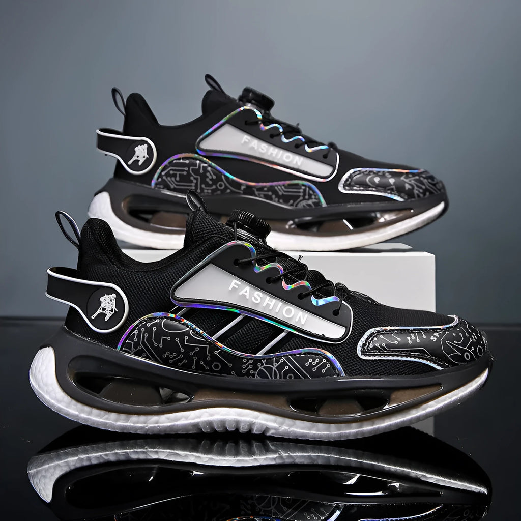 Men's low-top mesh sports shoes in black with elastic band closure and a round toe.