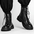 Men's mid-top waterproof PU leather boots with rubber soles in black and brown colours