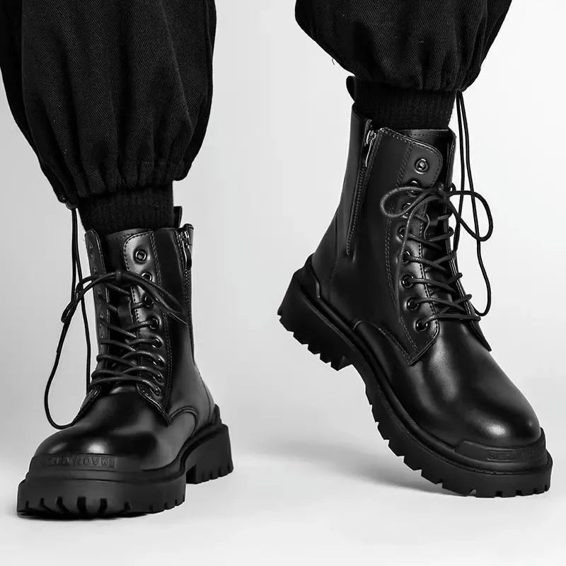 Men's mid-top waterproof PU leather boots with rubber soles in black and brown colours