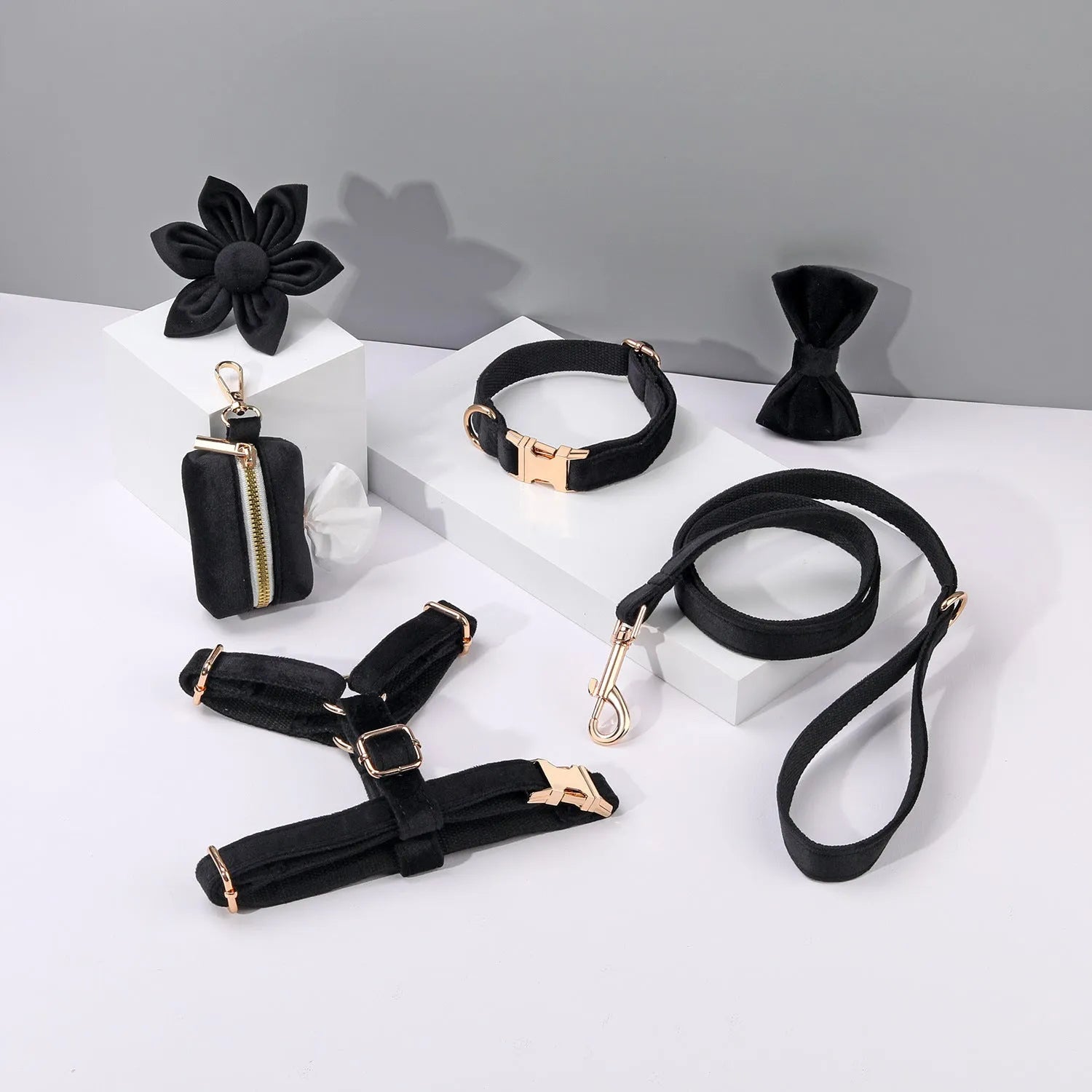 Classic velvet pet collar and traction rope harness set with decorative bow tie and flower for dogs and cats