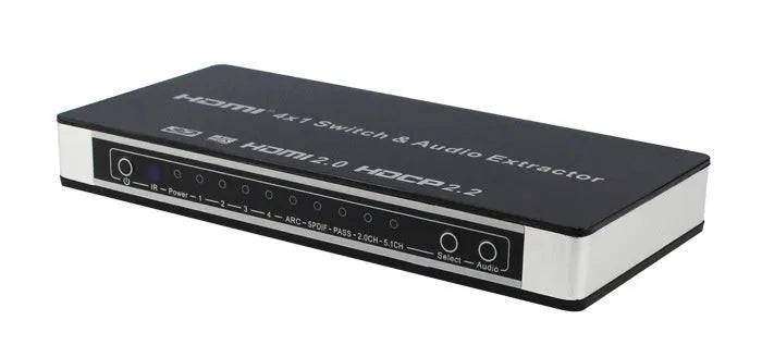 Black HDMI audio switch with 4 inputs and 1 output, remote control included