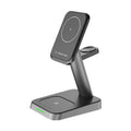 Black minimalist vertical wireless charging stand with integrated smartwatch pad and 10000mAh power bank.
