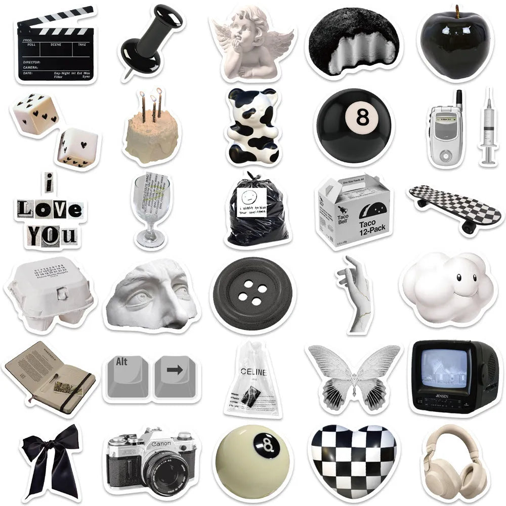 Pack of 61 black and white waterproof PVC stickers for laptops and drinkware.