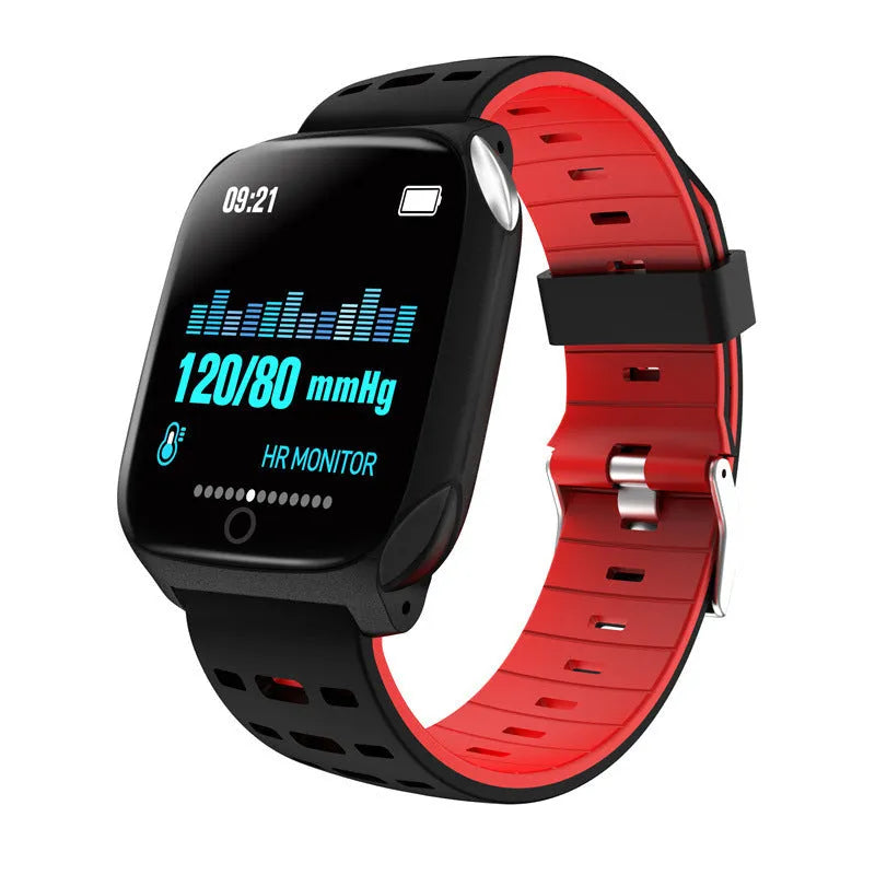 F16 Smart Watch with ECG monitoring on wrist showing black/green silicone band and 43mm display