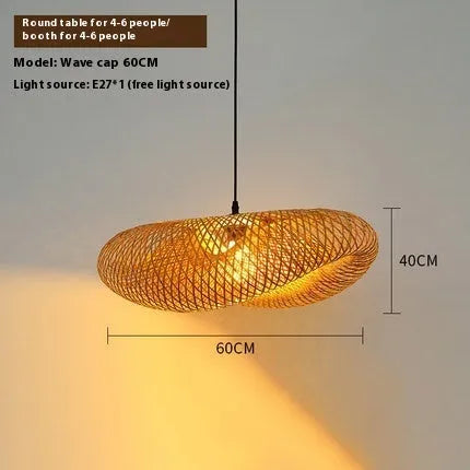Woven bamboo straw hat-shaped hanging chandelier lamp showing natural texture and light diffusion.
