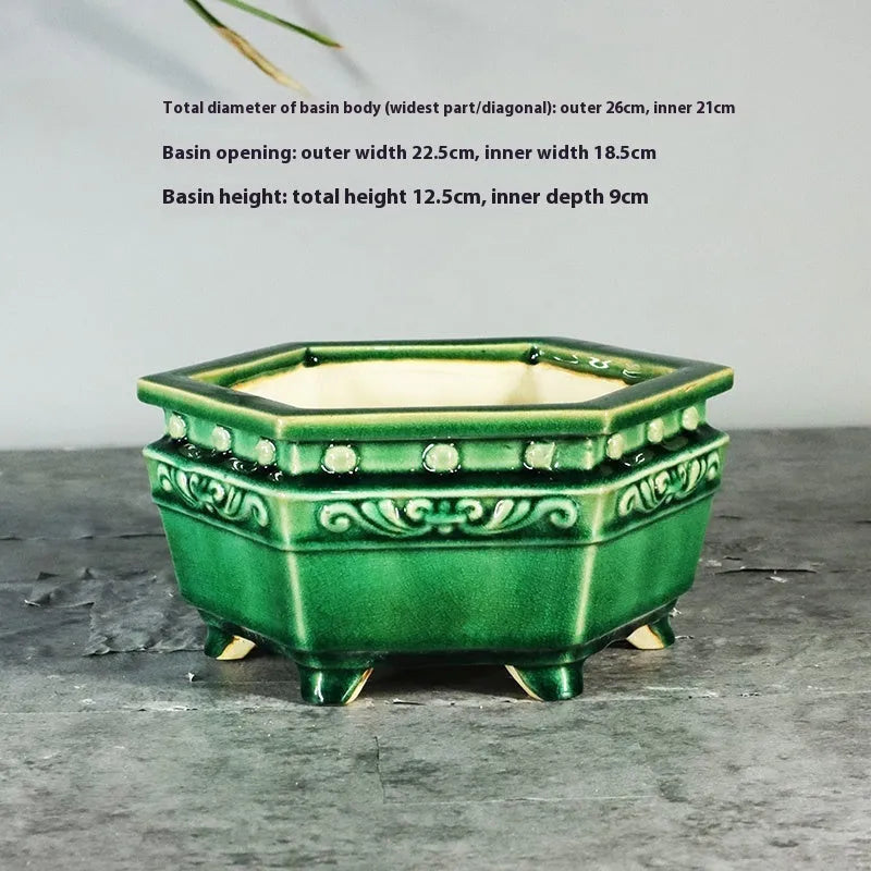 Glazed ceramic drum nail desktop flower pot in emerald green with Zhonglan floral pattern